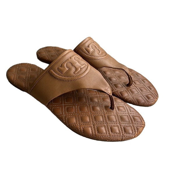 Tory Burch Fleming Quilted Tan Leather Thong Padded Slides Sandals - 8 - Picture 2 of 13